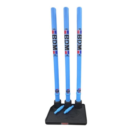 BDM CRICKET SPRING BACK PLASTICS STUMPS WITH BASE & BAILS W/BAG BLUE